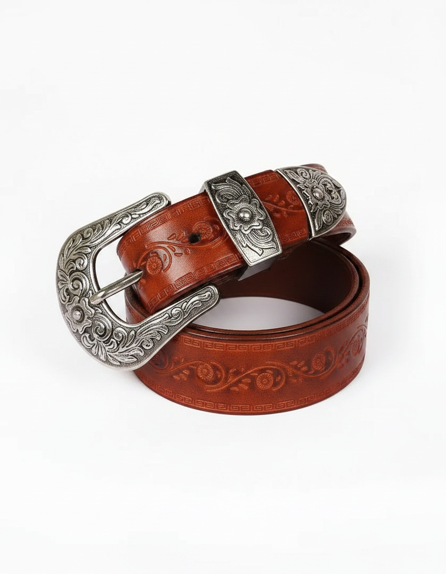 Embossed Floral Genuine Leather Belt for Men and Women | Luxury Carved Waistband