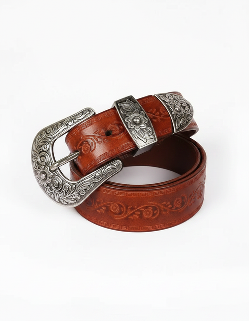 Embossed Floral Genuine Leather Belt for Men and Women | Luxury Carved Waistband