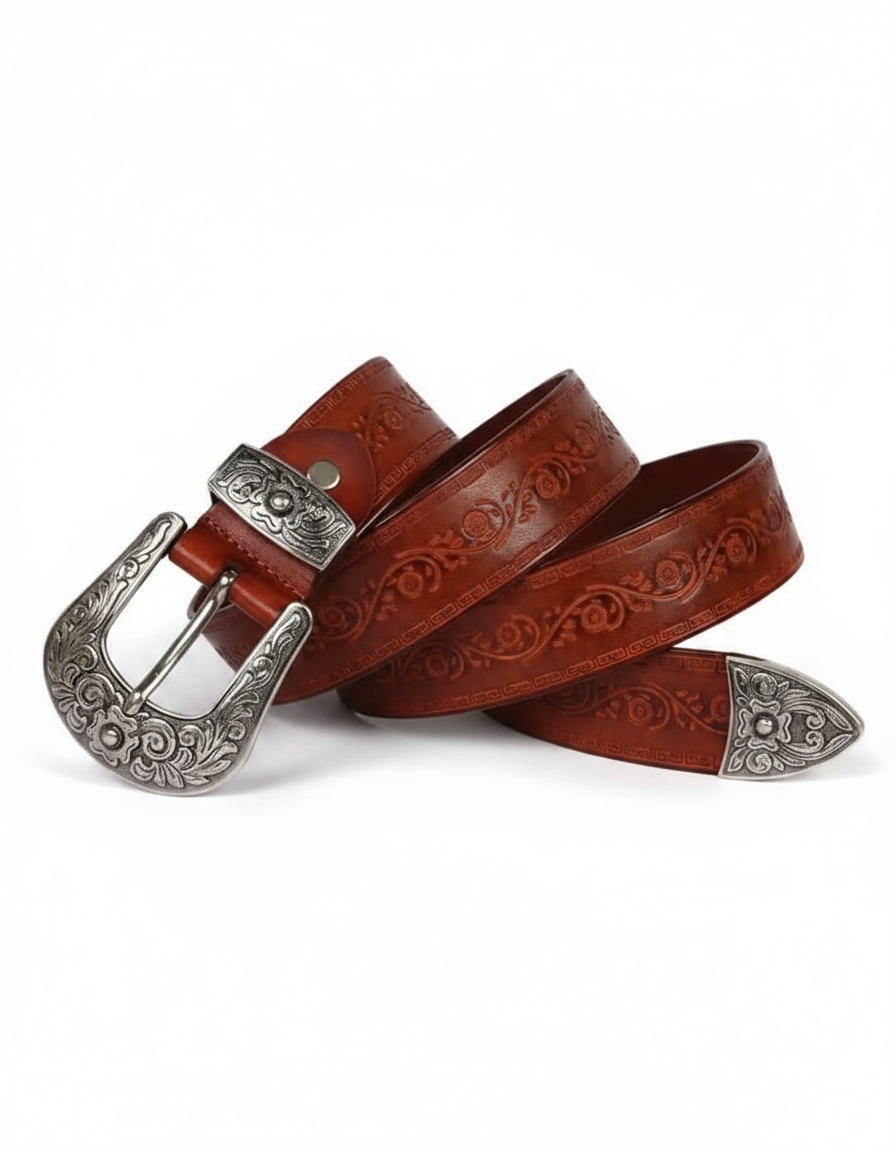 Embossed Floral Genuine Leather Belt for Men and Women | Luxury Carved Waistband