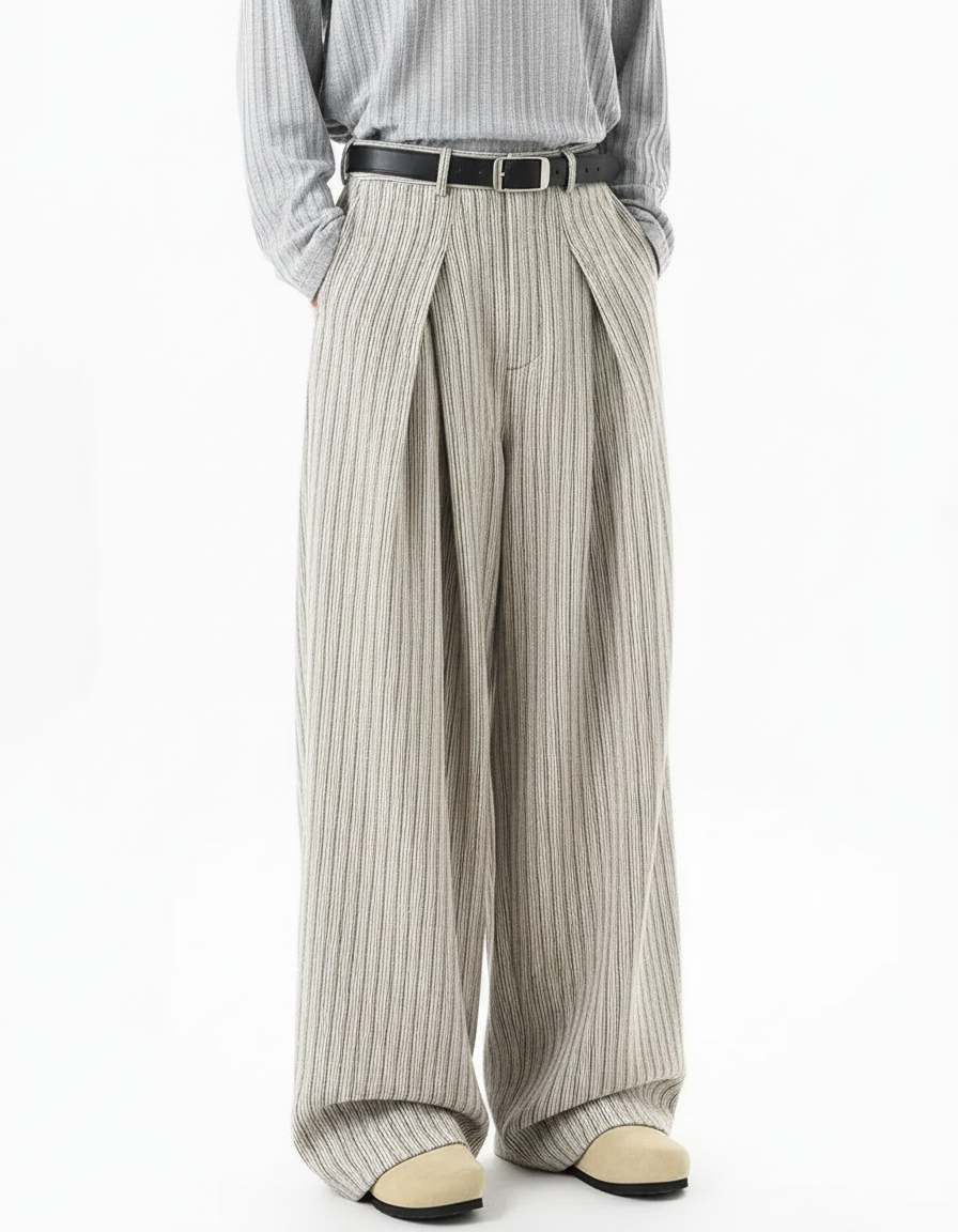 Men’s Striped Wide-Leg Casual Trousers | Pleated Straight-Fit Wool-Blend Pants