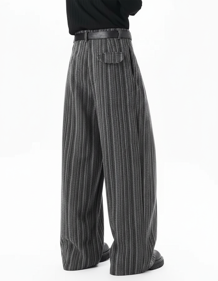 Men’s Striped Wide-Leg Casual Trousers | Pleated Straight-Fit Wool-Blend Pants