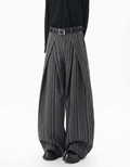 Men’s Striped Wide-Leg Casual Trousers | Pleated Straight-Fit Wool-Blend Pants