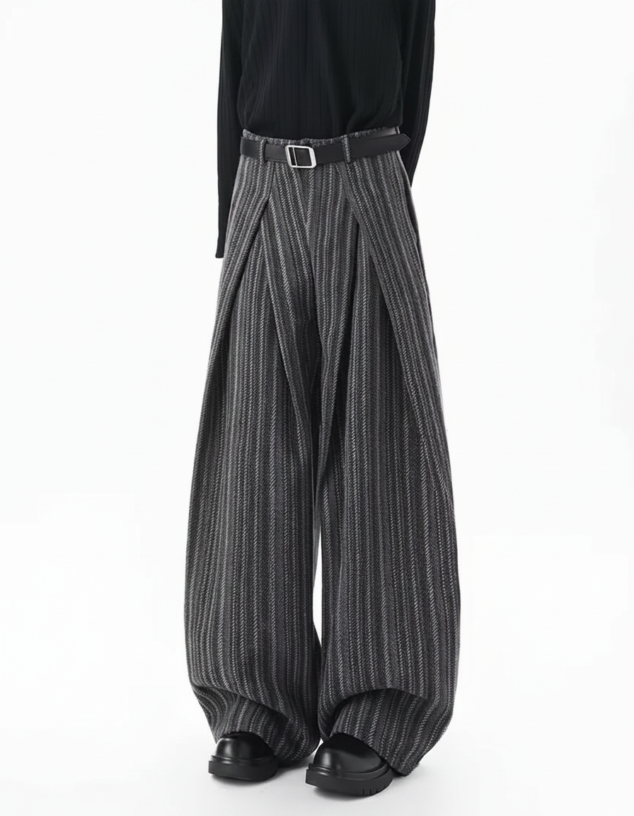Men’s Striped Wide-Leg Casual Trousers | Pleated Straight-Fit Wool-Blend Pants