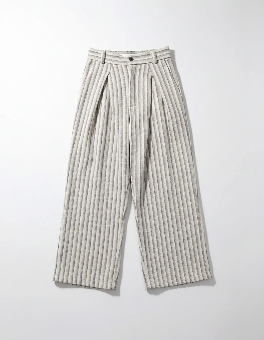 Men’s Striped Wide-Leg Casual Trousers | Pleated Straight-Fit Wool-Blend Pants