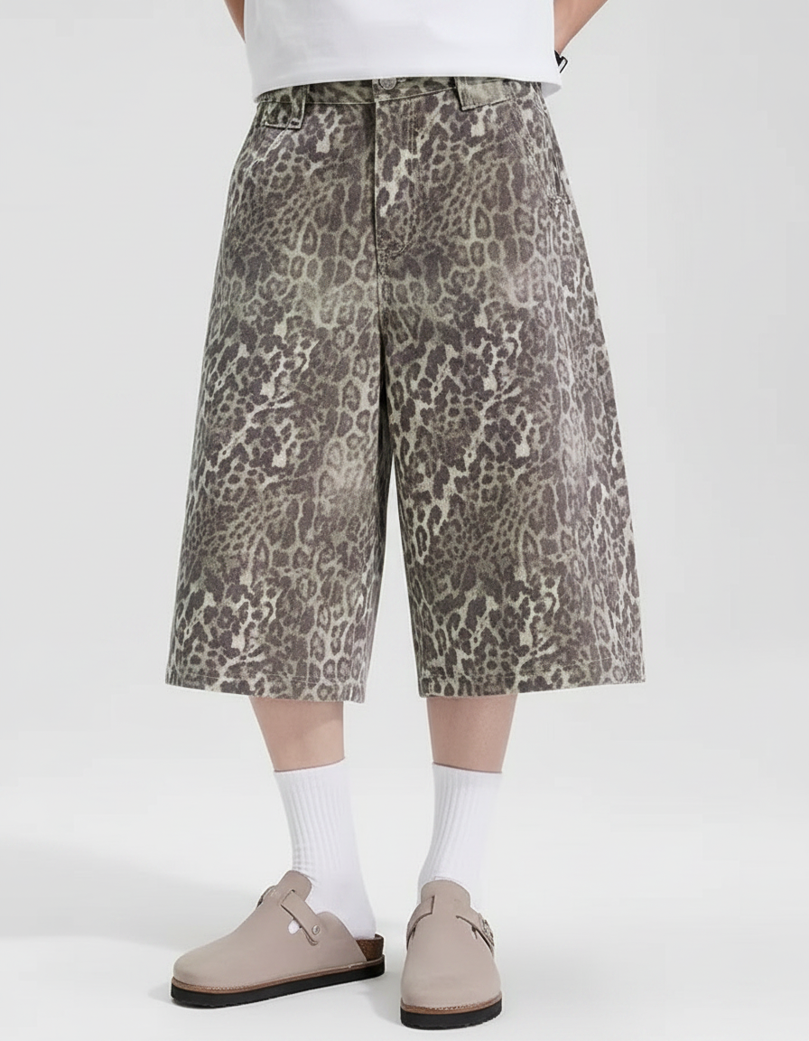 Men’s Leopard Print Denim Shorts