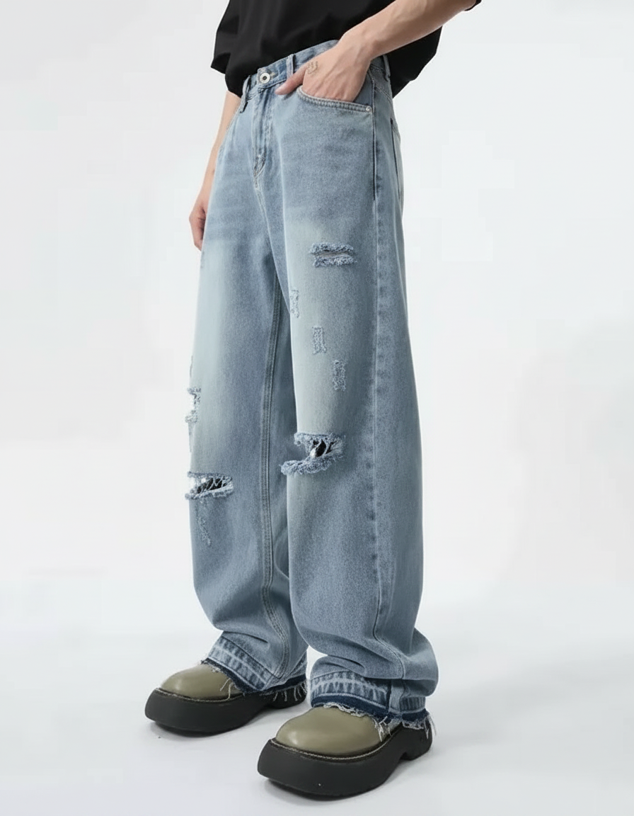 Relaxed-Fit Straight-Leg Denim Jeans with Distressed Detailing | Baggy Jeans