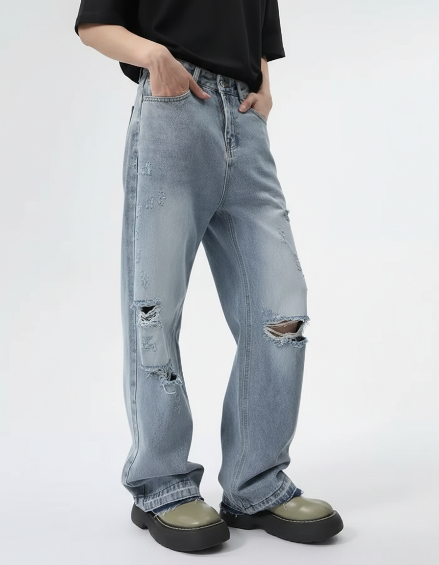 Relaxed-Fit Straight-Leg Denim Jeans with Distressed Detailing | Baggy Jeans