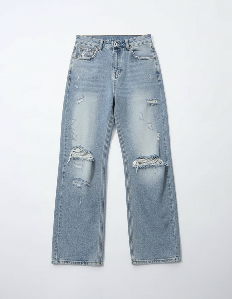 Relaxed-Fit Straight-Leg Denim Jeans with Distressed Detailing | Baggy Jeans