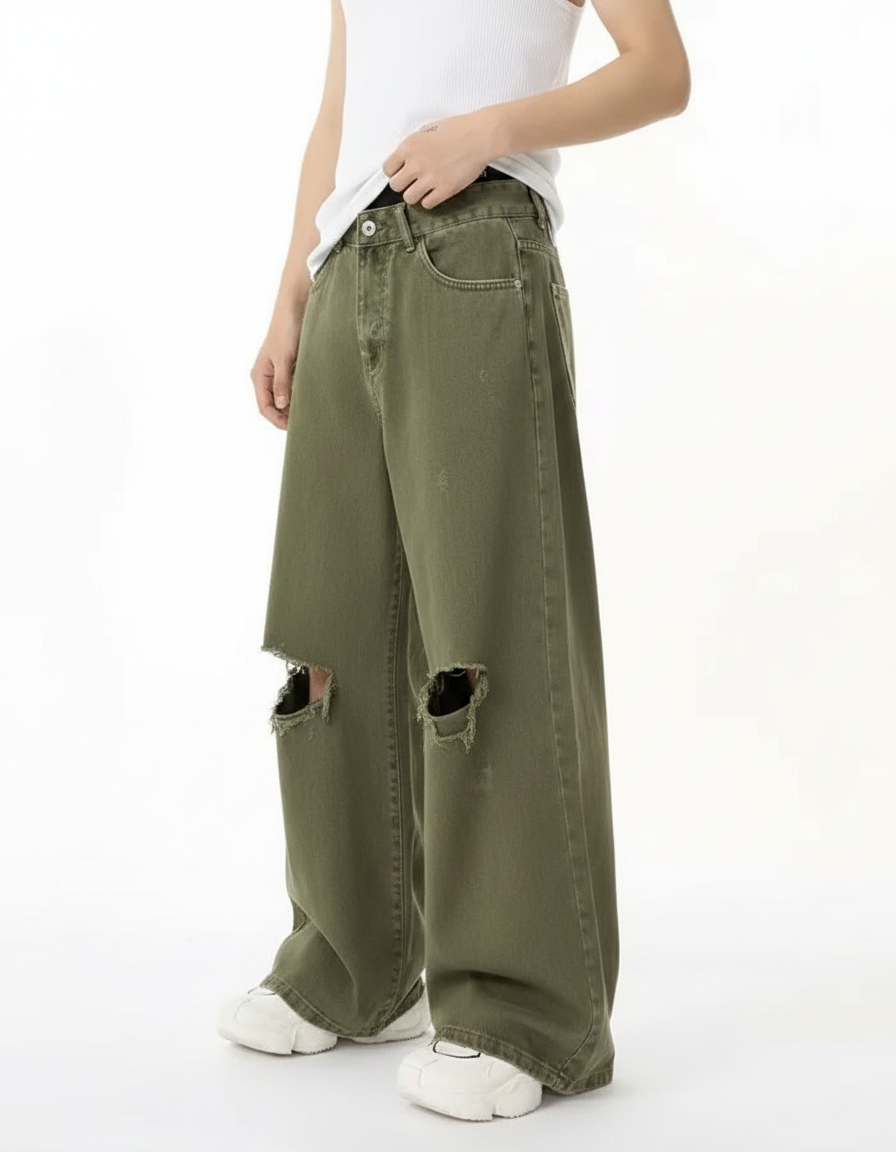 Straight-Leg Green Denim Jeans | Baggy Jeans