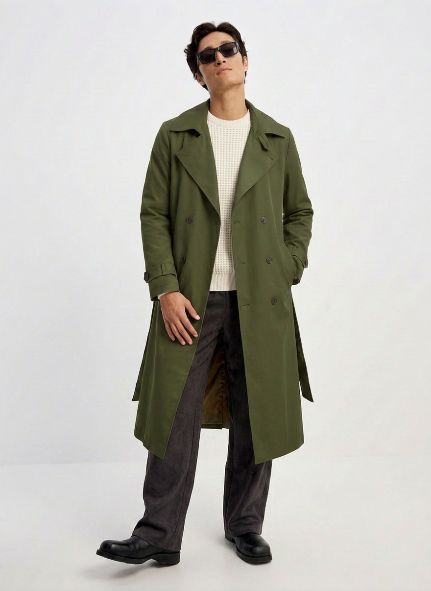 Double-Breasted Long Trench Coat