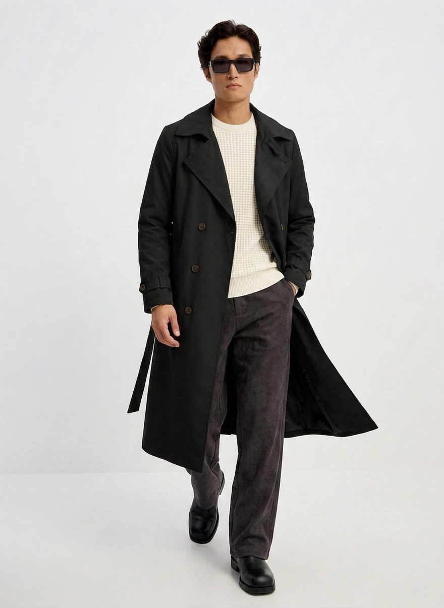 Double-Breasted Long Trench Coat