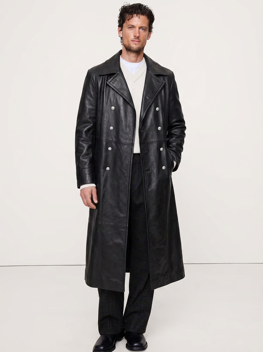 Classic Long Leather Trench Coat
